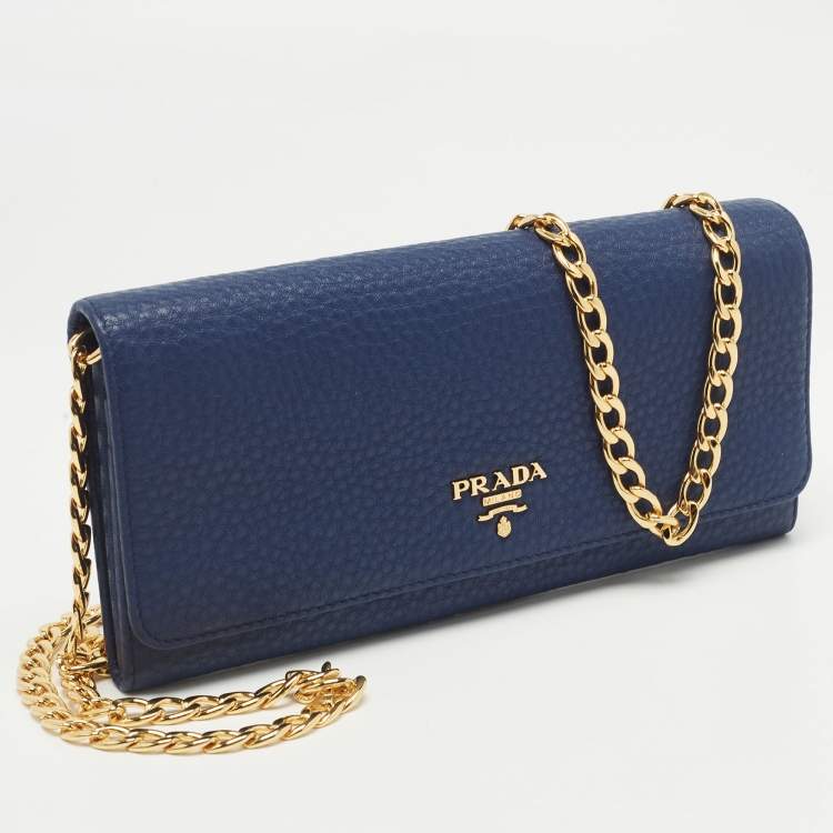 Pre Owned Prada Navy Blue Vitello Grain Leather Logo Flap Wallet On Chain