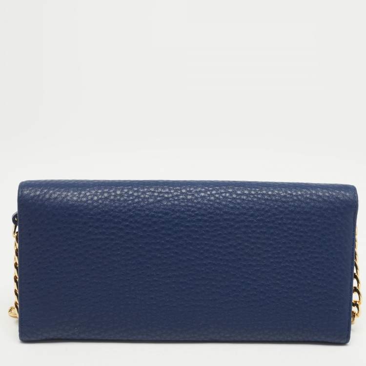 Pre Owned Prada Navy Blue Vitello Grain Leather Logo Flap Wallet On Chain