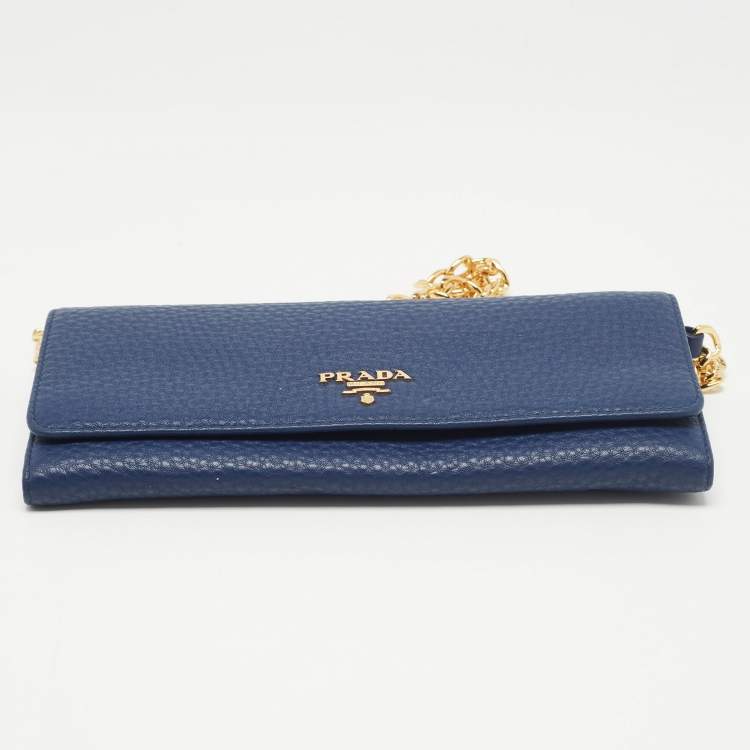 Pre Owned Prada Navy Blue Vitello Grain Leather Logo Flap Wallet On Chain