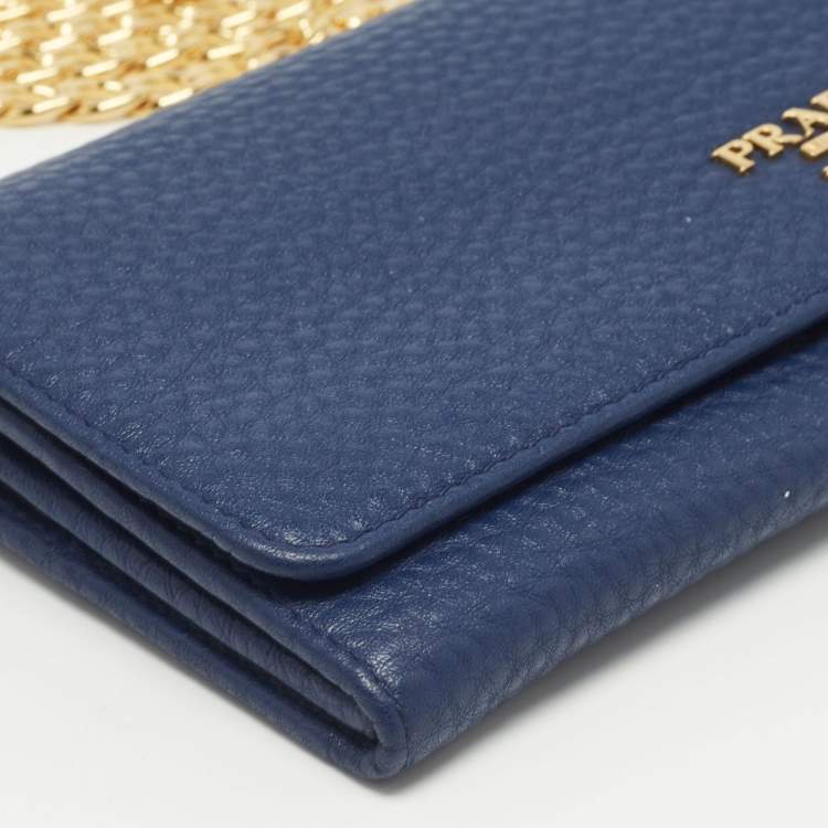 Pre Owned Prada Navy Blue Vitello Grain Leather Logo Flap Wallet On Chain