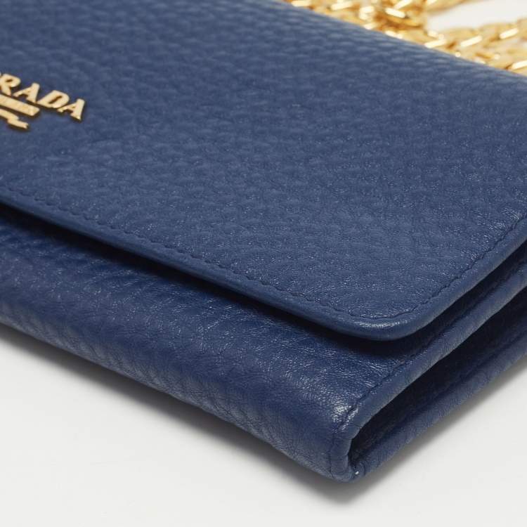 Pre Owned Prada Navy Blue Vitello Grain Leather Logo Flap Wallet On Chain