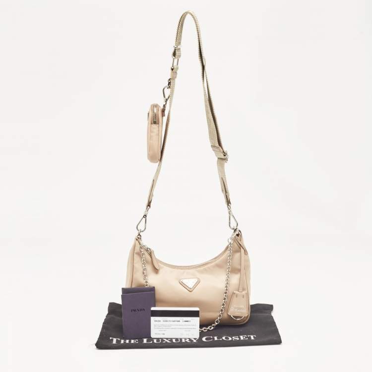 Pre Owned Prada Beige Nylon and Leather Re-Edition 2005 Baguette Bag