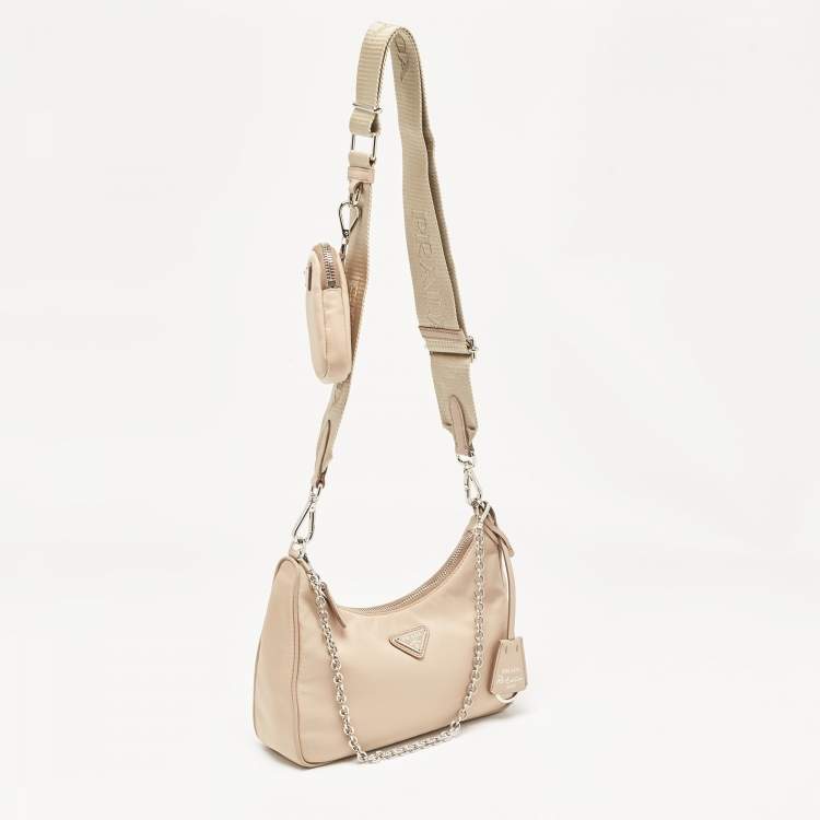 Pre Owned Prada Beige Nylon and Leather Re-Edition 2005 Baguette Bag