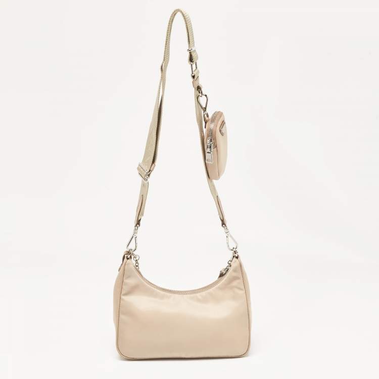 Pre Owned Prada Beige Nylon and Leather Re-Edition 2005 Baguette Bag