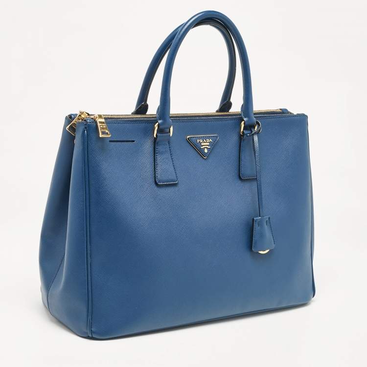 Pre Owned Prada Blue Saffiano Lux Leather Large Double Zip Tote