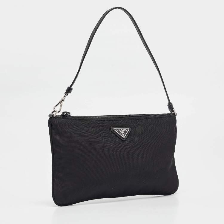 Pre Owned Prada Black Nylon Logo Zip Pochette Bag