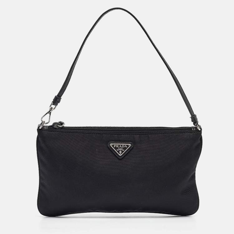 Pre Owned Prada Black Nylon Logo Zip Pochette Bag