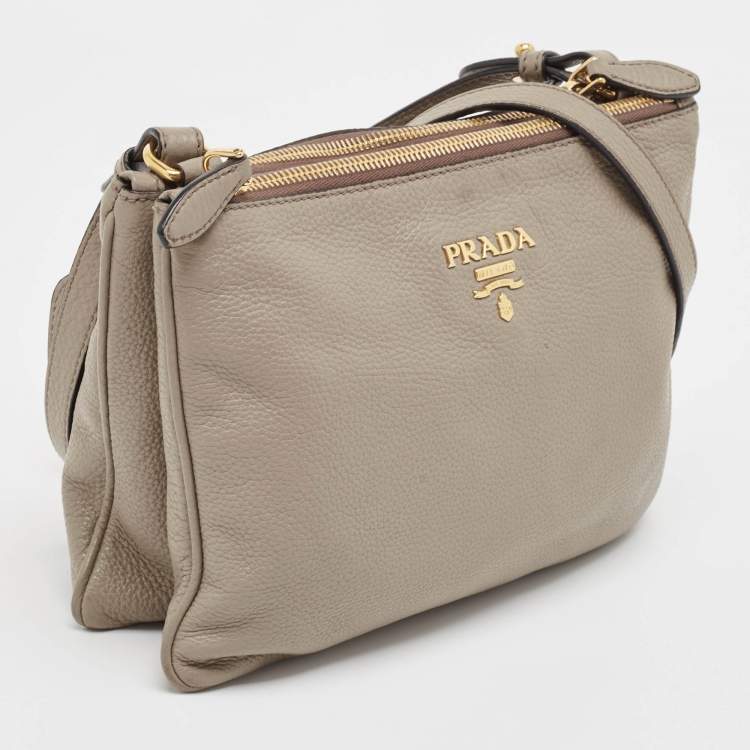 Pre Owned Prada Grey Vitello Daino Leather Double Zip Crossbody Bag