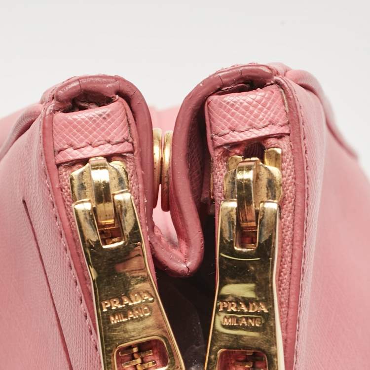 Pre Owned Prada Pink Saffiano Lux Leather Leather Small Double Zip Tote