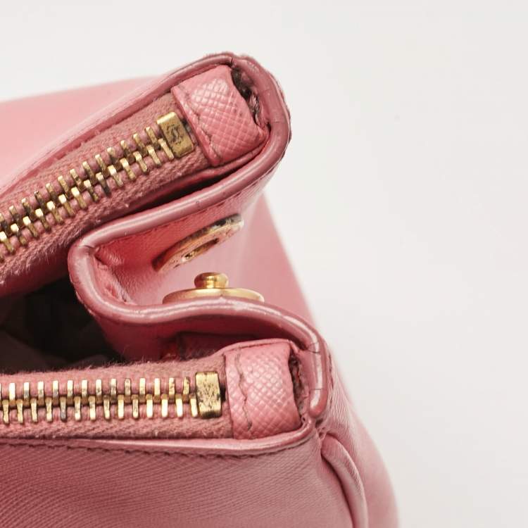 Pre Owned Prada Pink Saffiano Lux Leather Leather Small Double Zip Tote