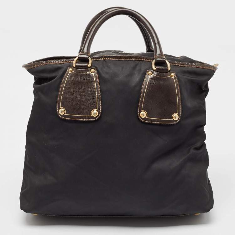 Pre Owned Prada Black Tessuto Nylon and Leather Zip Tote