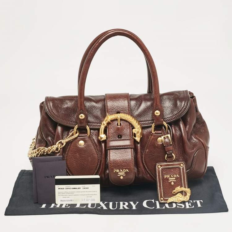 Pre Owned Prada Dark Brown Cervo Animalier Leather Satchel
