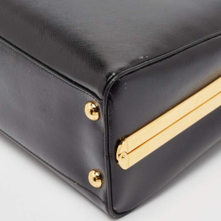 Pre Owned Prada Black Patent Leather Pyramid Frame Top Handle Bag