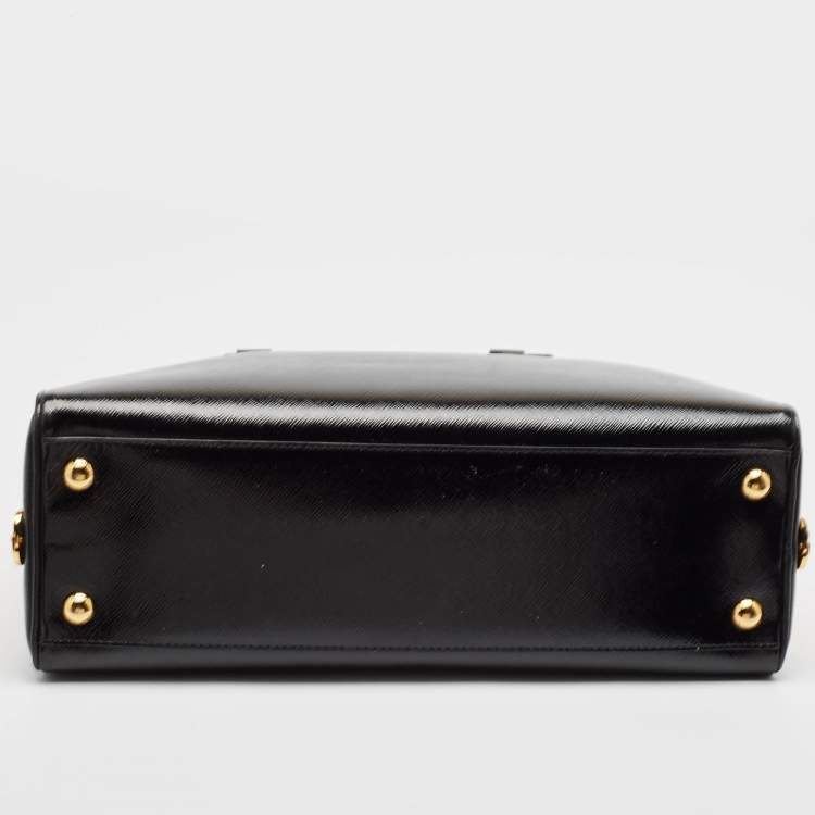 Pre Owned Prada Black Patent Leather Pyramid Frame Top Handle Bag