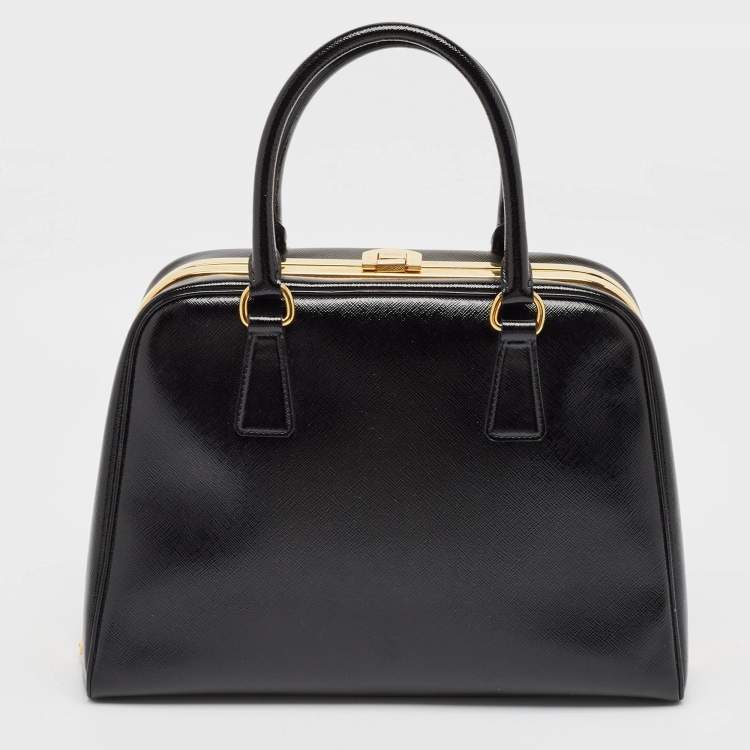 Pre Owned Prada Black Patent Leather Pyramid Frame Top Handle Bag
