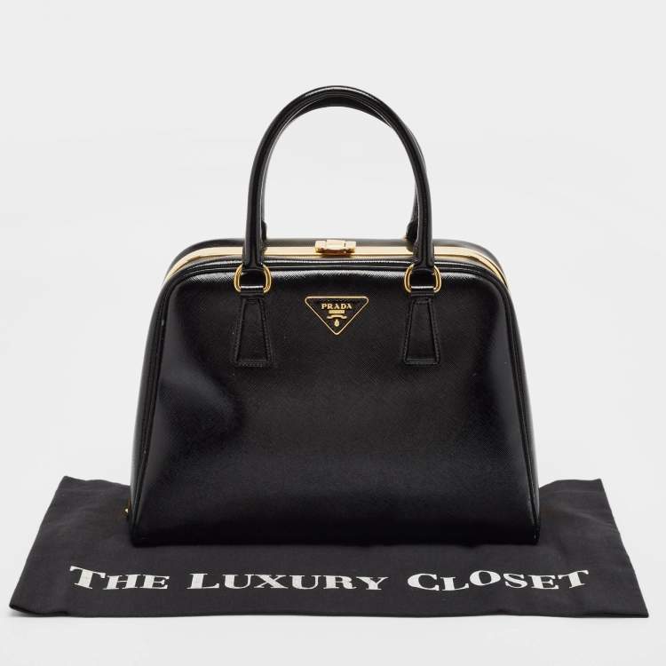 Pre Owned Prada Black Patent Leather Pyramid Frame Top Handle Bag