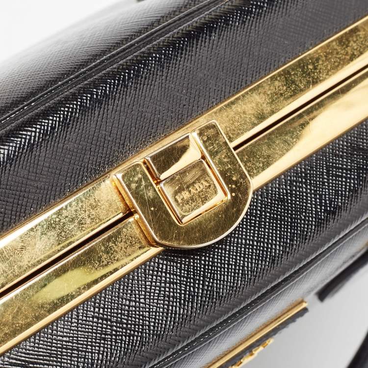 Pre Owned Prada Black Patent Leather Pyramid Frame Top Handle Bag