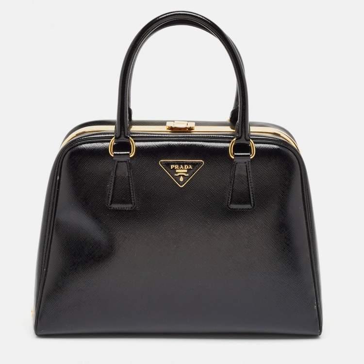 Pre Owned Prada Black Patent Leather Pyramid Frame Top Handle Bag