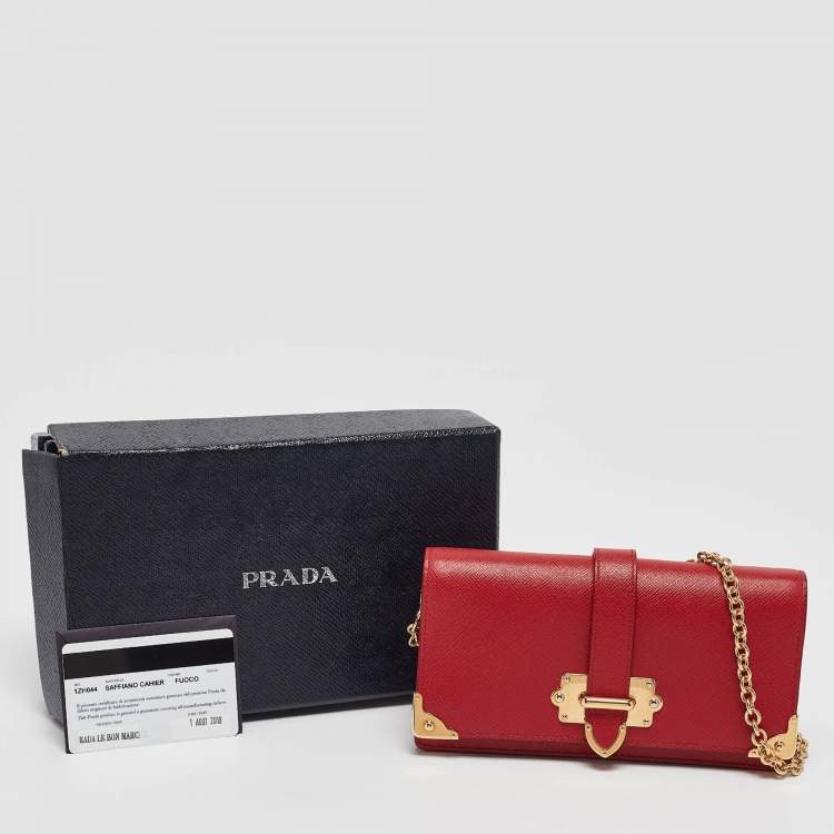 Pre Owned Prada Red Saffiano Leather Cahier Wallet on Chain