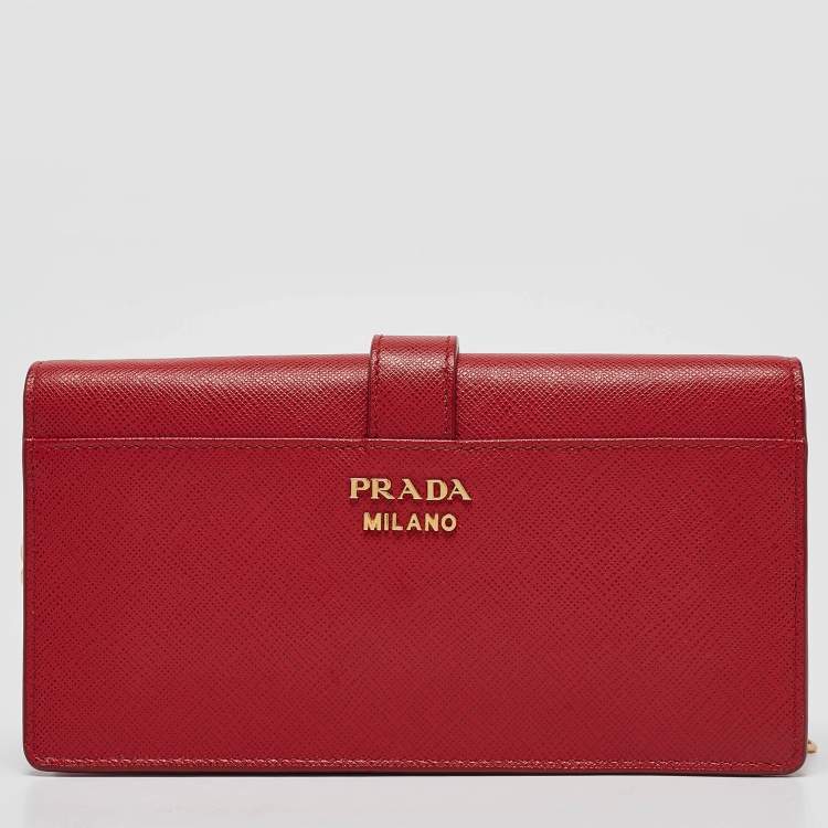 Pre Owned Prada Red Saffiano Leather Cahier Wallet on Chain