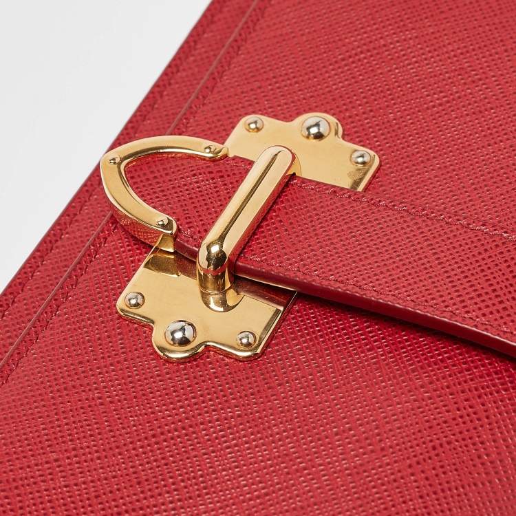 Pre Owned Prada Red Saffiano Leather Cahier Wallet on Chain