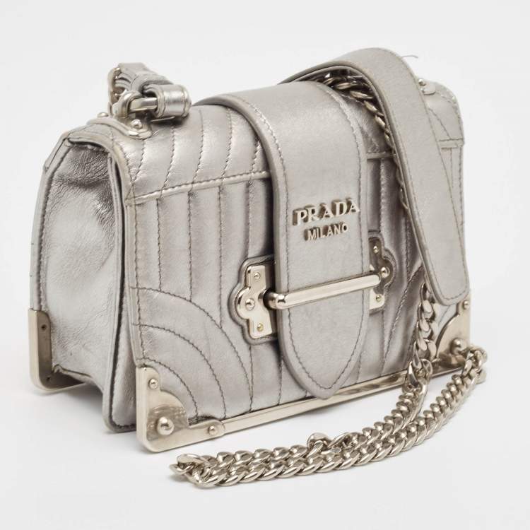Pre Owned Prada Silver Leather Cahier Chain Bag