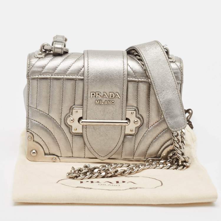 Pre Owned Prada Silver Leather Cahier Chain Bag