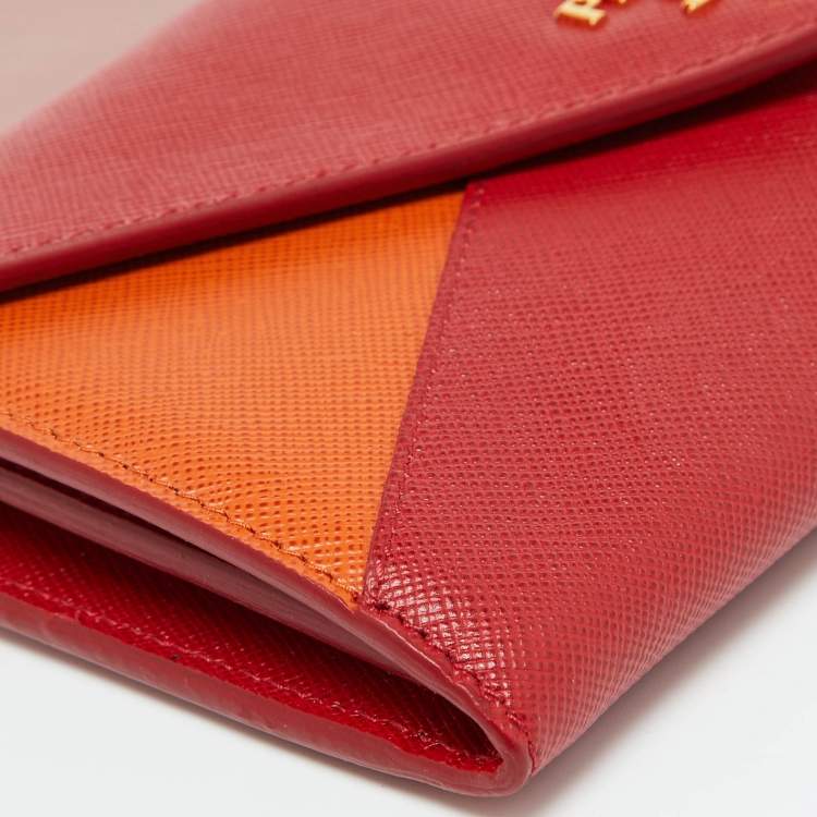 Pre Owned Prada Red/Orange Saffiano Leather Envelope Flap Continental Wallet