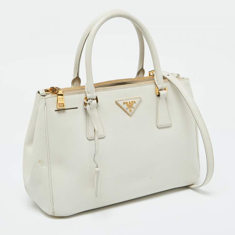 Pre Owned Prada White Saffiano Leather Medium Galleria Double Zip Tote