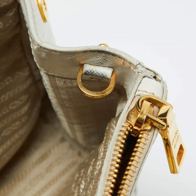 Pre Owned Prada White Saffiano Leather Medium Galleria Double Zip Tote