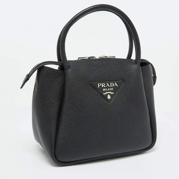Pre Owned Prada Black Vitello Leather Daino Top Zip Satchel