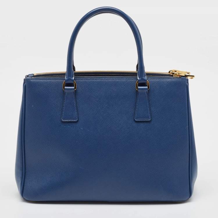 Pre Owned Prada Navy Blue Saffiano Lux Leather Medium Double Zip Tote