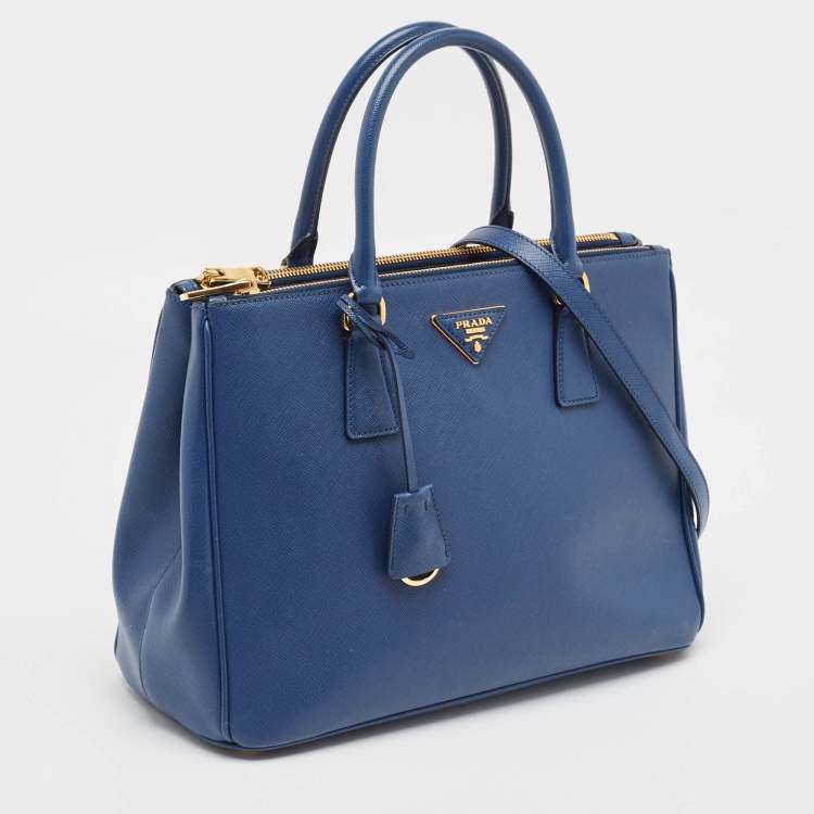 Pre Owned Prada Navy Blue Saffiano Lux Leather Medium Double Zip Tote