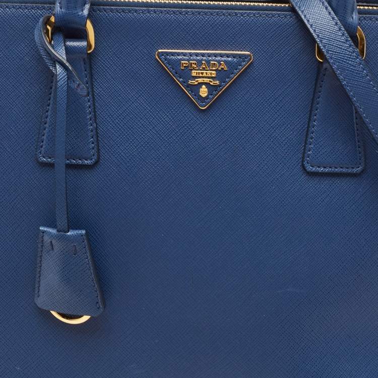 Pre Owned Prada Navy Blue Saffiano Lux Leather Medium Double Zip Tote