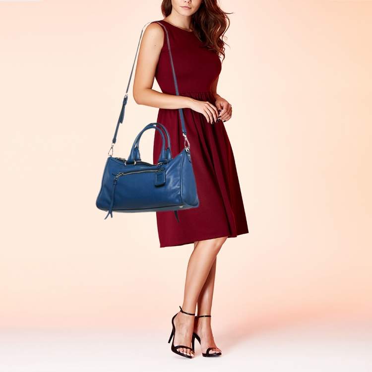 Pre Owned Prada Blue Vitello Phenix Leather Zip Satchel