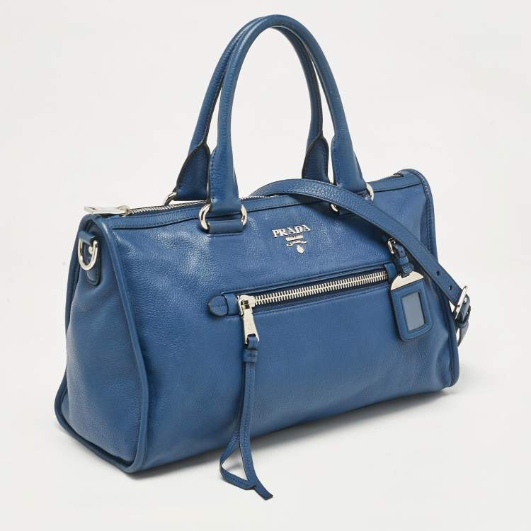 Pre Owned Prada Blue Vitello Phenix Leather Zip Satchel