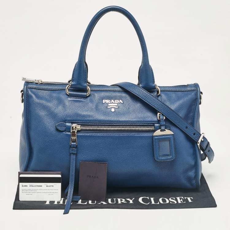 Pre Owned Prada Blue Vitello Phenix Leather Zip Satchel