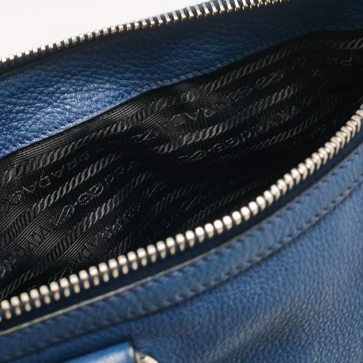 Pre Owned Prada Blue Vitello Phenix Leather Zip Satchel