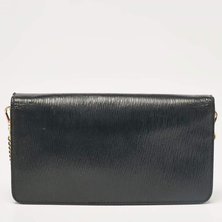 Pre Owned Prada Black Leather Logo Wallet On Chain