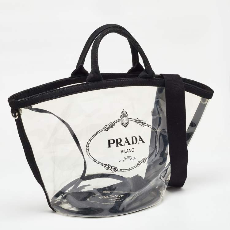 Pre Owned Prada Black/Clear PVC and Canvas Logo Beach Tote