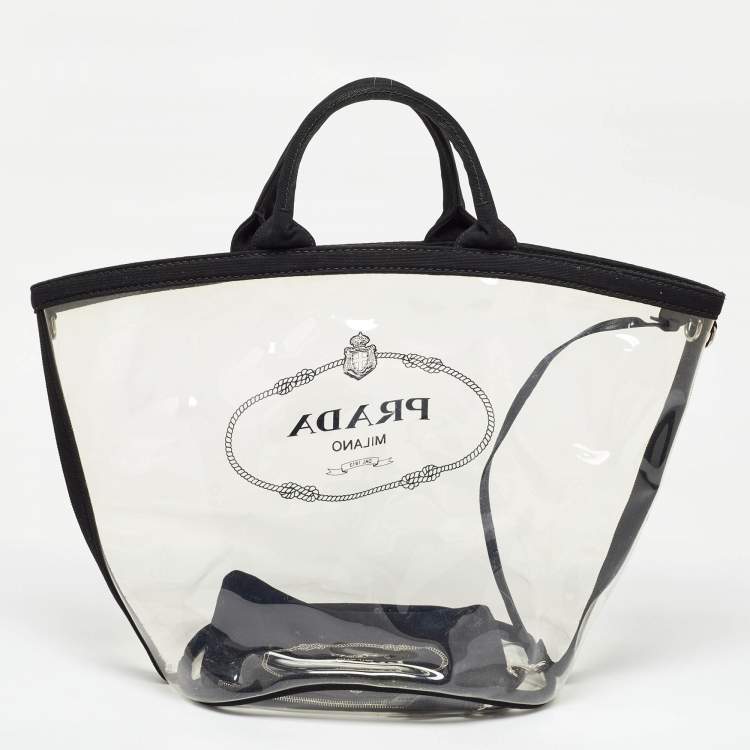 Pre Owned Prada Black/Clear PVC and Canvas Logo Beach Tote