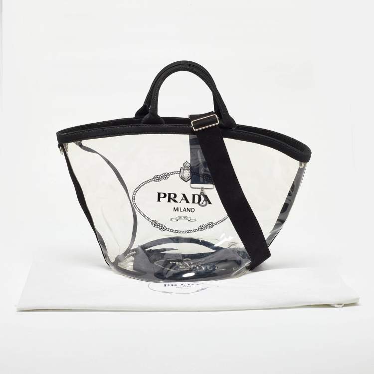 Pre Owned Prada Black/Clear PVC and Canvas Logo Beach Tote