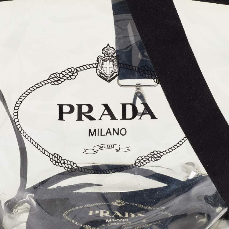 Pre Owned Prada Black/Clear PVC and Canvas Logo Beach Tote