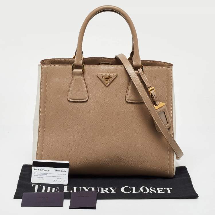 Pre Owned Prada Beige/White Saffiano Lux Leather Open Tote