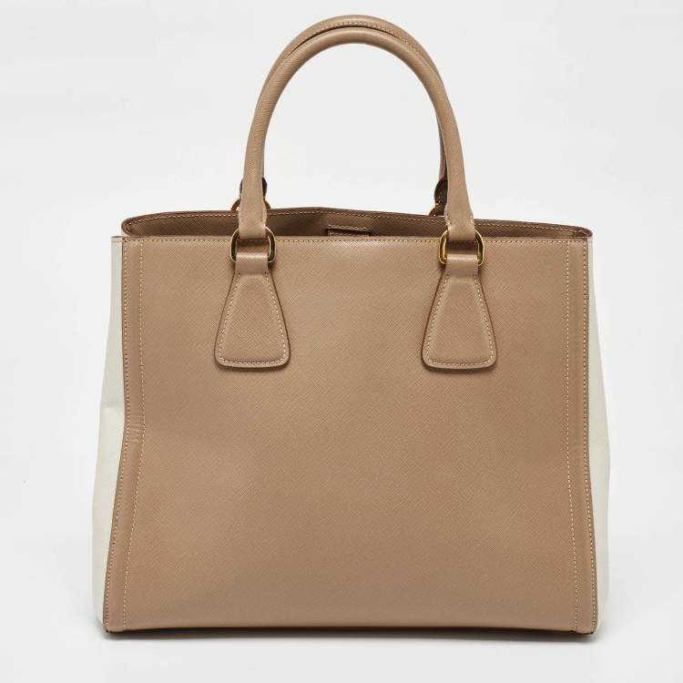 Pre Owned Prada Beige/White Saffiano Lux Leather Open Tote