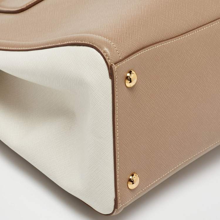 Pre Owned Prada Beige/White Saffiano Lux Leather Open Tote