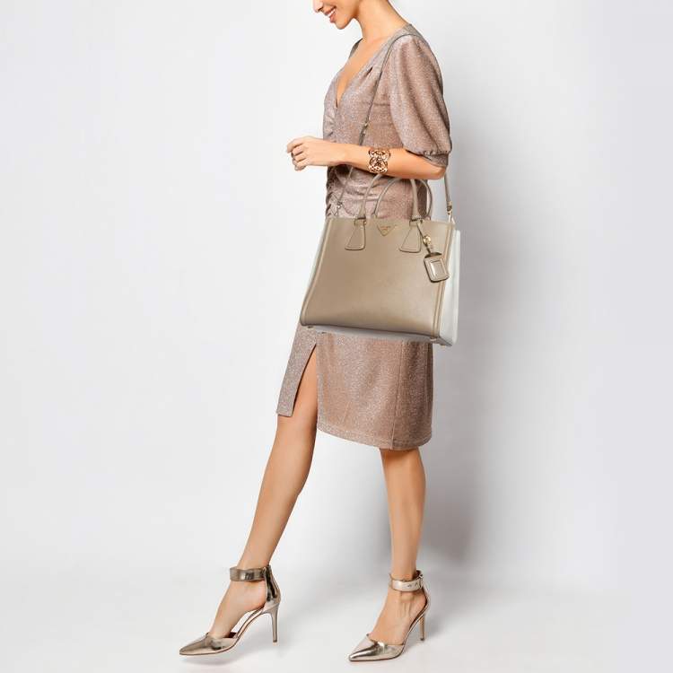 Pre Owned Prada Beige/White Saffiano Lux Leather Open Tote