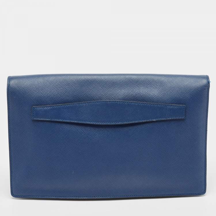 Pre Owned Prada Blue Saffiano Lux Leather Sound Clutch