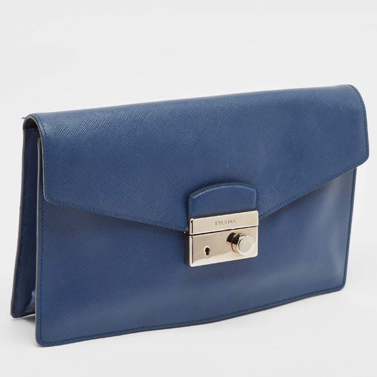 Pre Owned Prada Blue Saffiano Lux Leather Sound Clutch