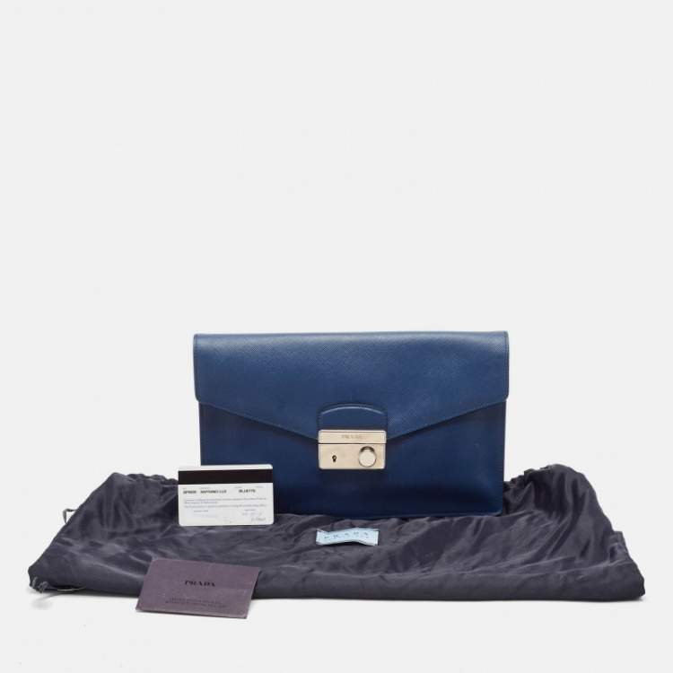 Pre Owned Prada Blue Saffiano Lux Leather Sound Clutch